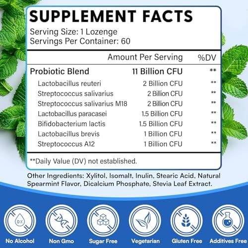 Oral Probiotics, 11 Billion CFU, with M18, A12, Oral Probiotics for Mouth Bad Breath for adults, Dry Mouth, Gum Health & Gum Restore, Chronic Halitosis, Fresh Breath, 60 Lozenges (Mint Flavor)