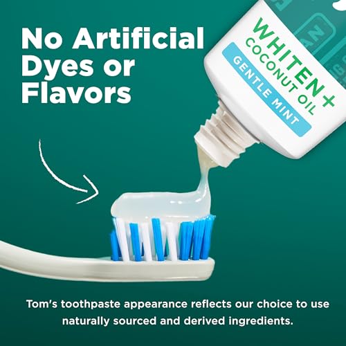 Tom's of Maine Whiten Plus Coconut Oil Fluoride Free Toothpaste, Natural Whitening Toothpaste with Plant-Based Cleansers, Whitens Without Causing Sensitivity, Gentle Mint, 4.0 Oz (Pack of 3)