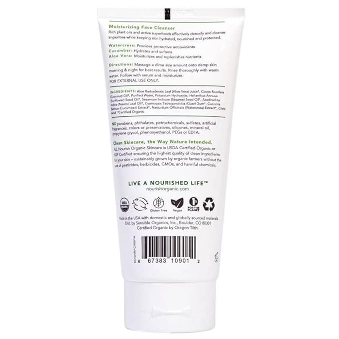 Nourish Organic Moisturizing Face Cleanser for All Skin Types, Watercress + Cucumber Face Wash, Fragrance-Free, 6 Oz (Pack of 2)