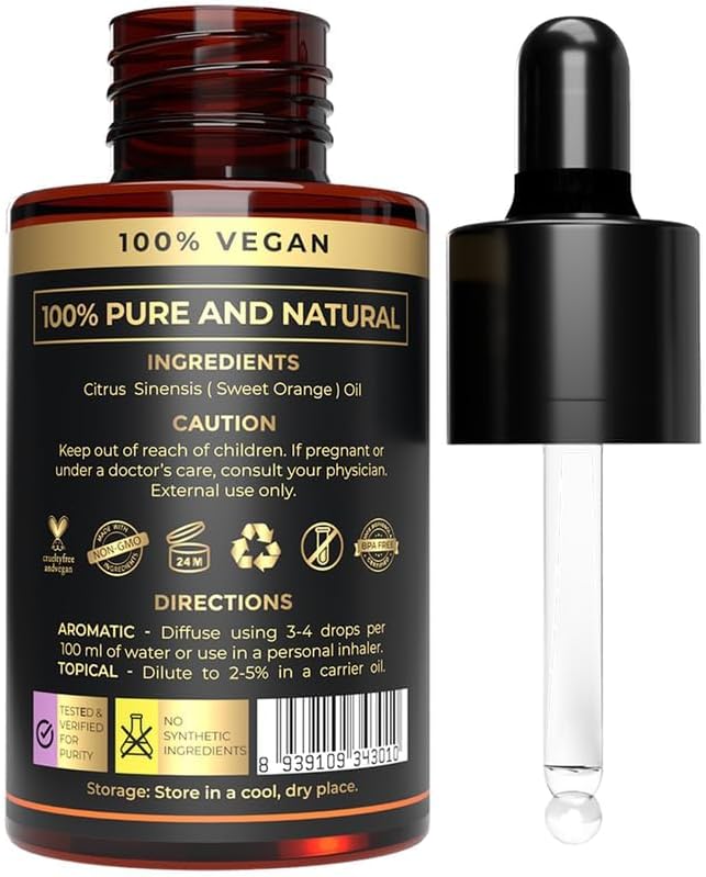 Orange Essential Oil for Diffuser, Natural Cleaning Solutions, Aromatherapy, Skin Care and Home Wellness | Therapeutic Grade Sweet Orange Oil for Skin, Home Scents | Scented Oils for Relaxation