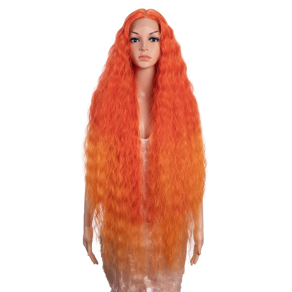 Style Icon 41'' Lace Front Wigs Long Wavy Synthetic Wigs With Baby Hair Half Hand Tied 130% Density Wigs (41'', T-Red/Orange)