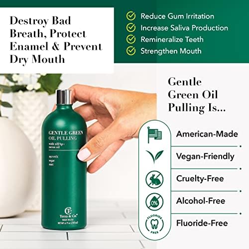 Terra & Co. Gentle Green Oil Pulling for Teeth and Gums - Vegan Natural Mouthwash No Alcohol or Fluoride to Improve Oral Health - Made with Cold Pressed Plant Oils and Nano Hydroxyapatite | 6.75 oz