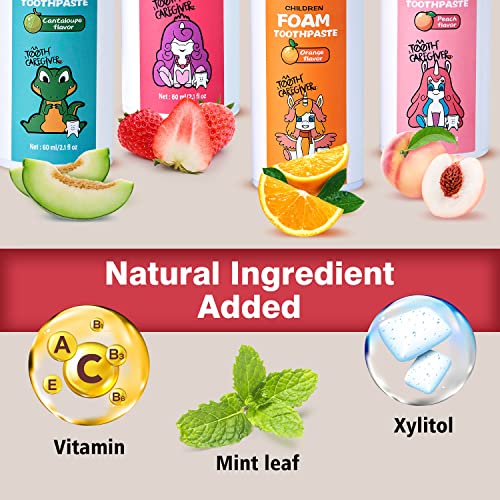 NOHOO Fluoride Free Foam Toothpaste Kids Fruit Flavour,Natural Training Toothpaste for Baby Toddler Children Oral Cleaning and Cavity Protection Strawberry Orange Peach Cantaloupe