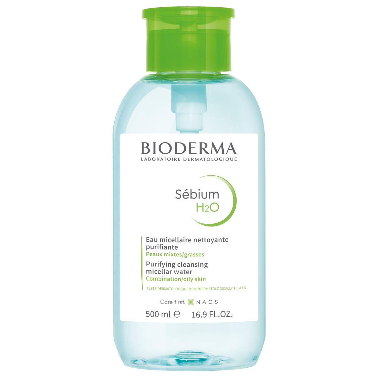 Bioderma S  Bium H2O Pump, Micellar Water, Cleansing And Make-Up Removing For Combination To Oily Skin, Green Bottle, 17 Fl Oz