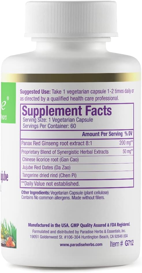 Paradise Herbs Ginseng Root Extract for Energy & Well-Being, Vegan, Non GMO, Gluten Free, Vitamin B1, B2 & B12, 60 Capsules