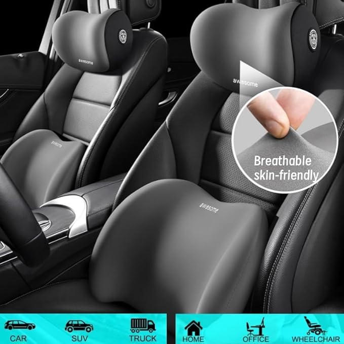 Car Headrest & Lumbar Support Cushion Kit, Ergonomic Car Seat Neck Pillow and Backseat Cushion for Driving Fatigue Relief, Driving Seat Memory Foam Neck Back Rest Pillows (Coffee)