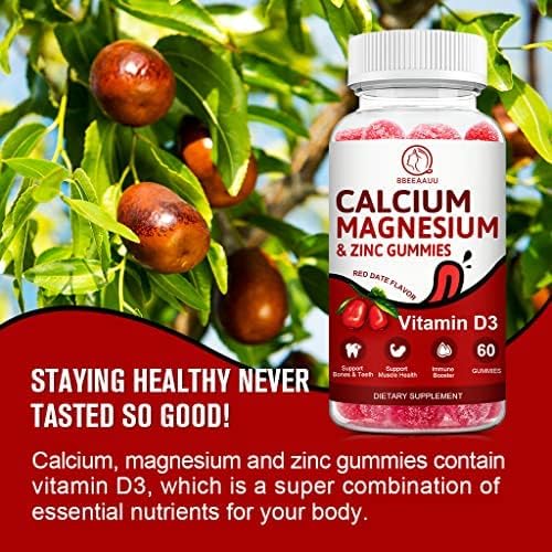 Calcium, Magnesium, Zinc & Vitamin D Gummies - 2 Pack | Vitamins for Women, Men & Kids | Calcium Supplements for Strong Healthy Bones, Zinc Gummies, Gluten-Free, Vegan - 120 Count
