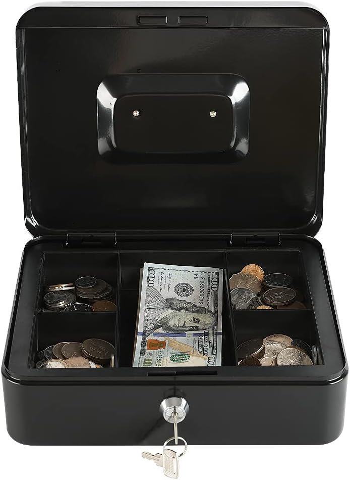 xydled Locking Steel Large Cash Box with Removable Coin Tray and Key Lock,9.84"x 7.87"x 3.54",Black
