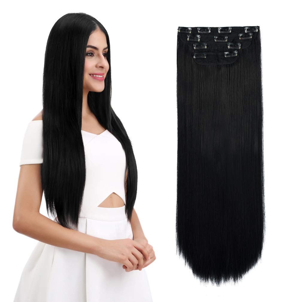 Reecho Multi-Length 12'' 14'' 16'' Long Straight 4 Pcs Set Thick Clip In On Hair Extensions Natural Black