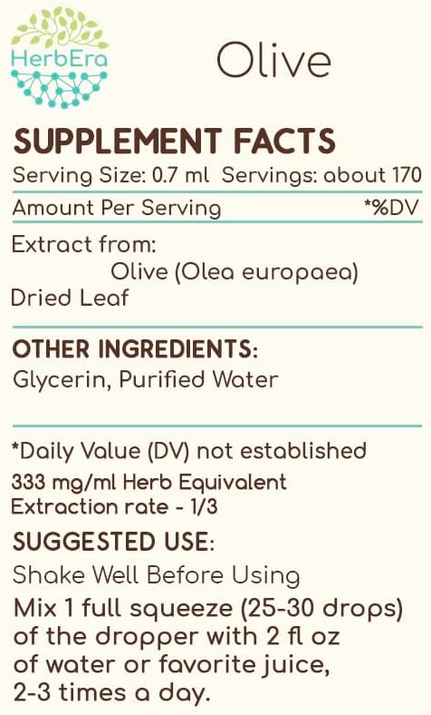 Olive B120 Alcohol-Free Herbal Extract Tincture, Concentrated Liquid Drops Natural Olive (Olea europaea) Dried Leaf 4 fl oz