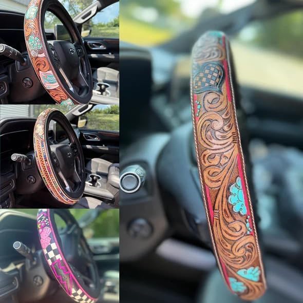 Western Steering Wheel Cover, Color Printed Embossed Hand-Painted Leather Western car Parts, for Women Man, Anti-Slip Design Easy to Install, for Trucks SUVs Cars (Style 5)