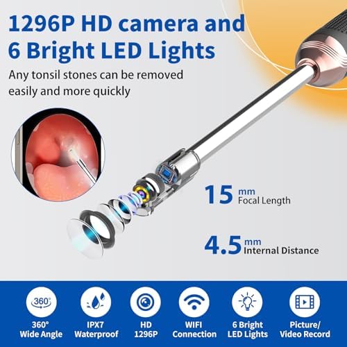 Tonsil Stone Remover with Camera，Tonsil Stone Removal Tool with LED Light，TonsilCleaner for Tonsil Stone Removal，Tonsillolith Removal Tool with 4 Head ，Attachments for iOS & Android (Black and Gold)