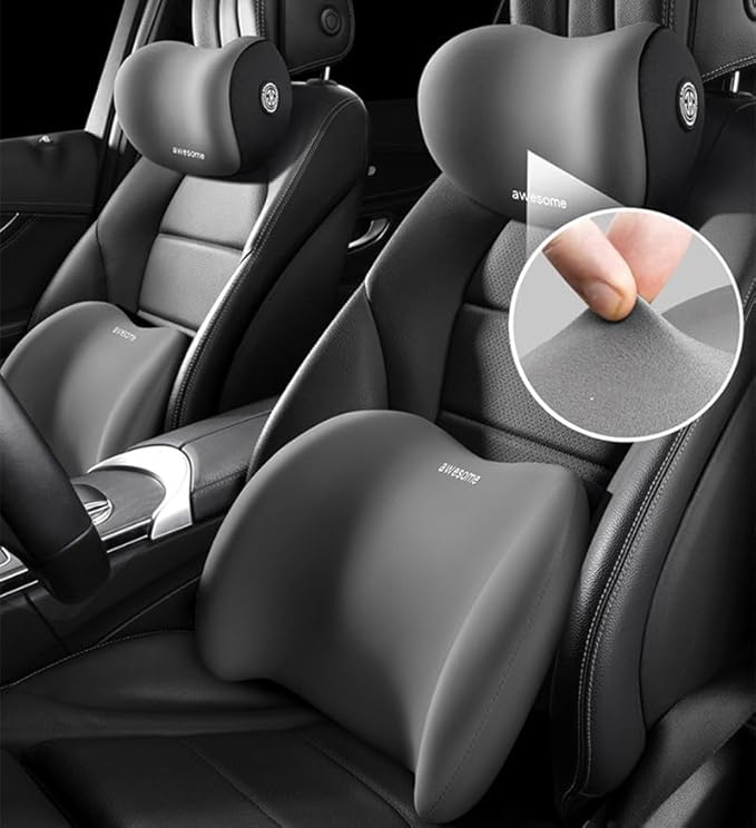 Car Lumbar Support Pillow and Car Neck Pillow Kit, Ergonomic Car Seat Headrest & Lumbar Cushion with Adjustable Strap for Neck Back Pain Relief, for Office Chair/Truck/Wheelchair (Black)