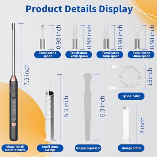 Tonsil Stone Remover with Camera，Tonsil Stone Removal Tool with LED Light，TonsilCleaner for Tonsil Stone Removal，Tonsillolith Removal Tool with 4 Head ，Attachments for iOS & Android (Black and Gold)