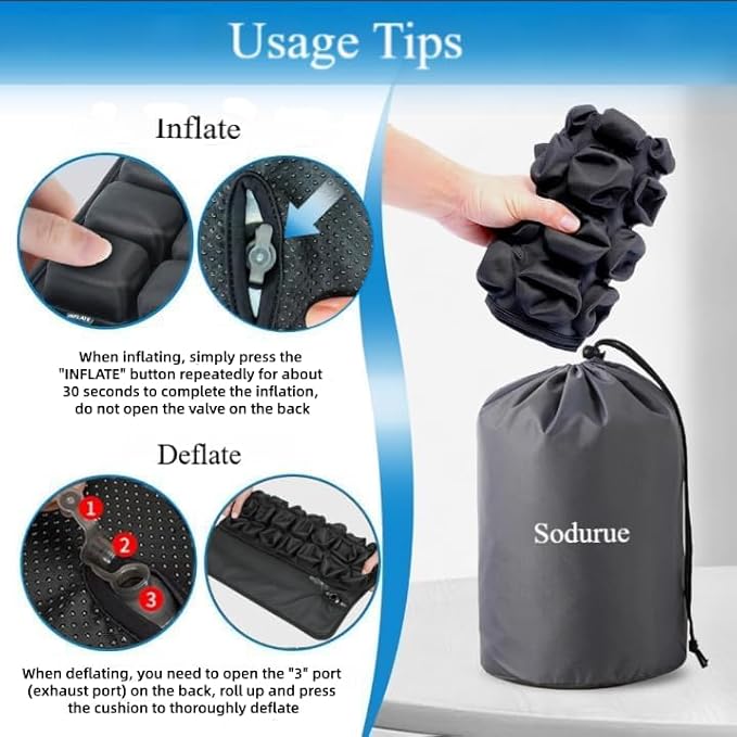 Sodurue Travel Cushion Airplane Seat,Airplane Seat Cushion for Long Flights,Press Type Air Inflatable Wheelchair Seat Cushion for Car,Office,Stadium,Ergonomic Comfort Support,Heavy Duty (36 Air Bag)
