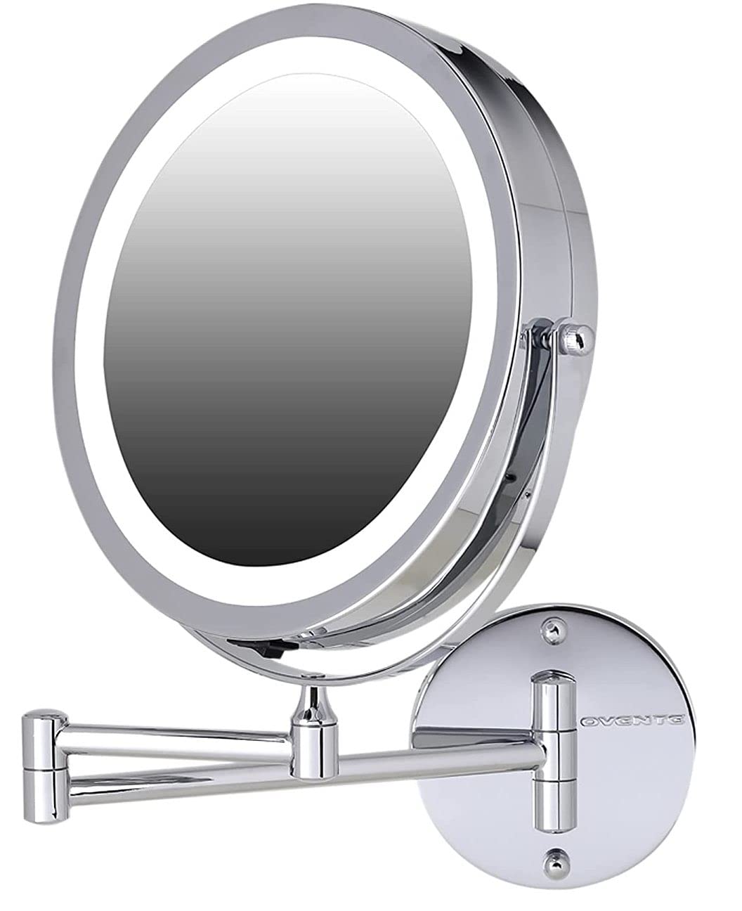 OVENTE 9'' Lighted Wall Mount Makeup Mirror - 1X/ 7X Magnification, Battery Powered Glow Cosmetic Light up, Spinning 360-Degree,