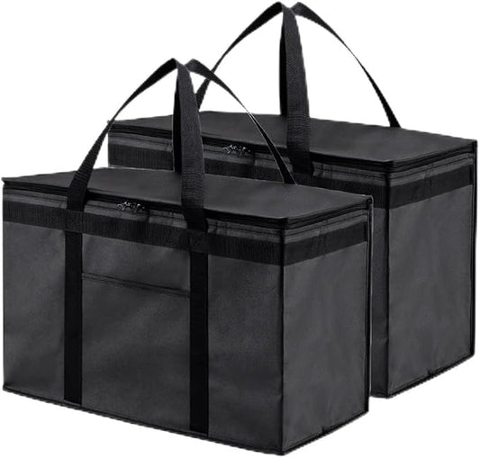 NZ home Insulated Bags for Food Delivery (2XL) Grocery Shopping Cooler Bag, Pizza Delivery, Hot & Cold Catering Tote, Reusable, Foldable & Heavy Duty (2 Pack, Black)