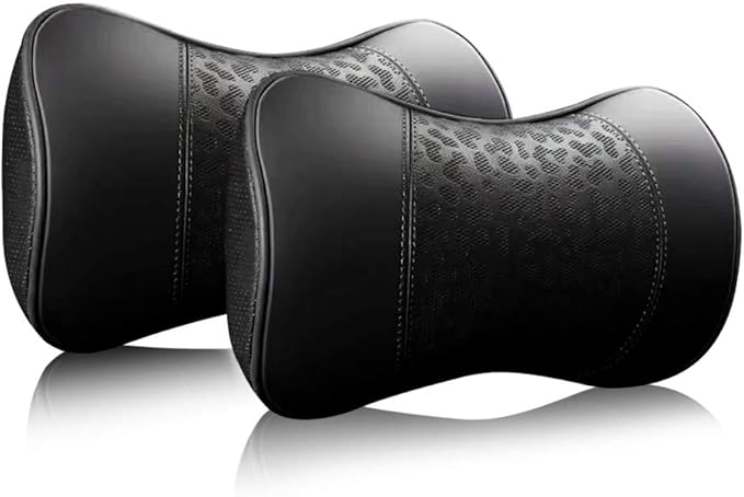 Car Leather Neck Pillows, Neck Rest Cushions,100% Memory Foam Cervical Support, Comfortable Travel car Seats and Home Office Soft Pillows, Black a Set (2 pcs)