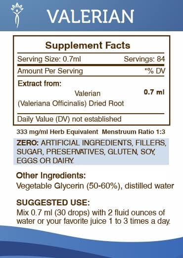 Secrets of the Tribe Valerian Alcohol-Free Tincture (Glycerite) 675 mg Valerian (Valeriana Officinalis) Dried Root (2 Fl Oz) Sleep Support Supplement