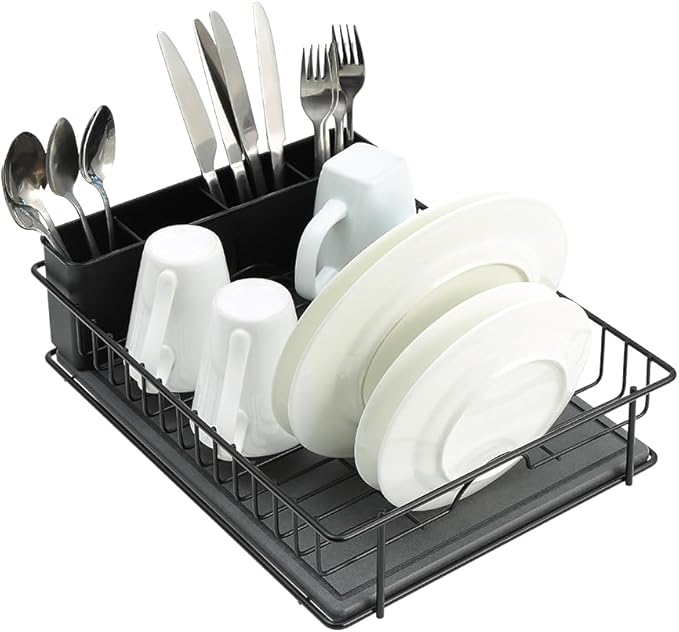SunnyPoint 304 Stainless Steel Dish Drying Rack with Diatomaceous Earth Drainboard & Removable Utensil Caddy – Rust Resistant Countertop Dish Rack for Kitchen (Black)