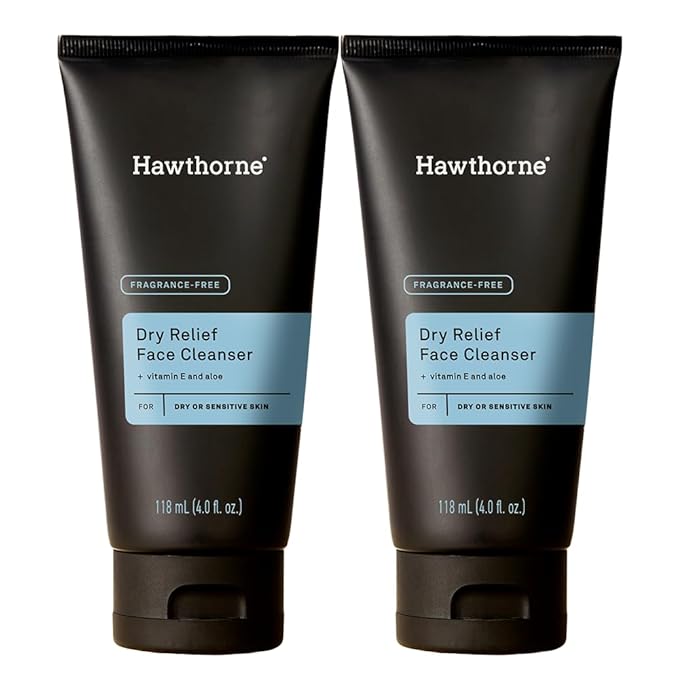 Hawthorne Men's Ultra Moisturizing Dry Relief Face Wash Cleanser For Dry Sensitive Skin. Soothing Vitamin E, Aloe Vera. Fragrance-Free. Natural Ingredients, Vegan, Sulfate Free. 2-Pack, 4 Fl. Oz. Each