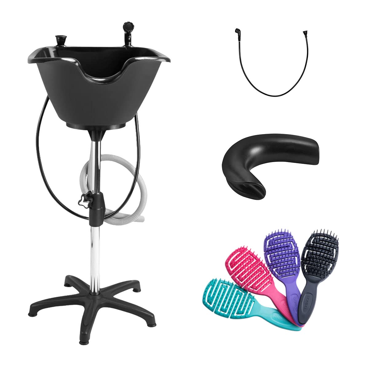 Dompel Bundle Wash Unit With Headrest And Set Of 4 Hair Brushes | Portable Shampoo Bowl | Includes Drain Hose, Faucet With Hose