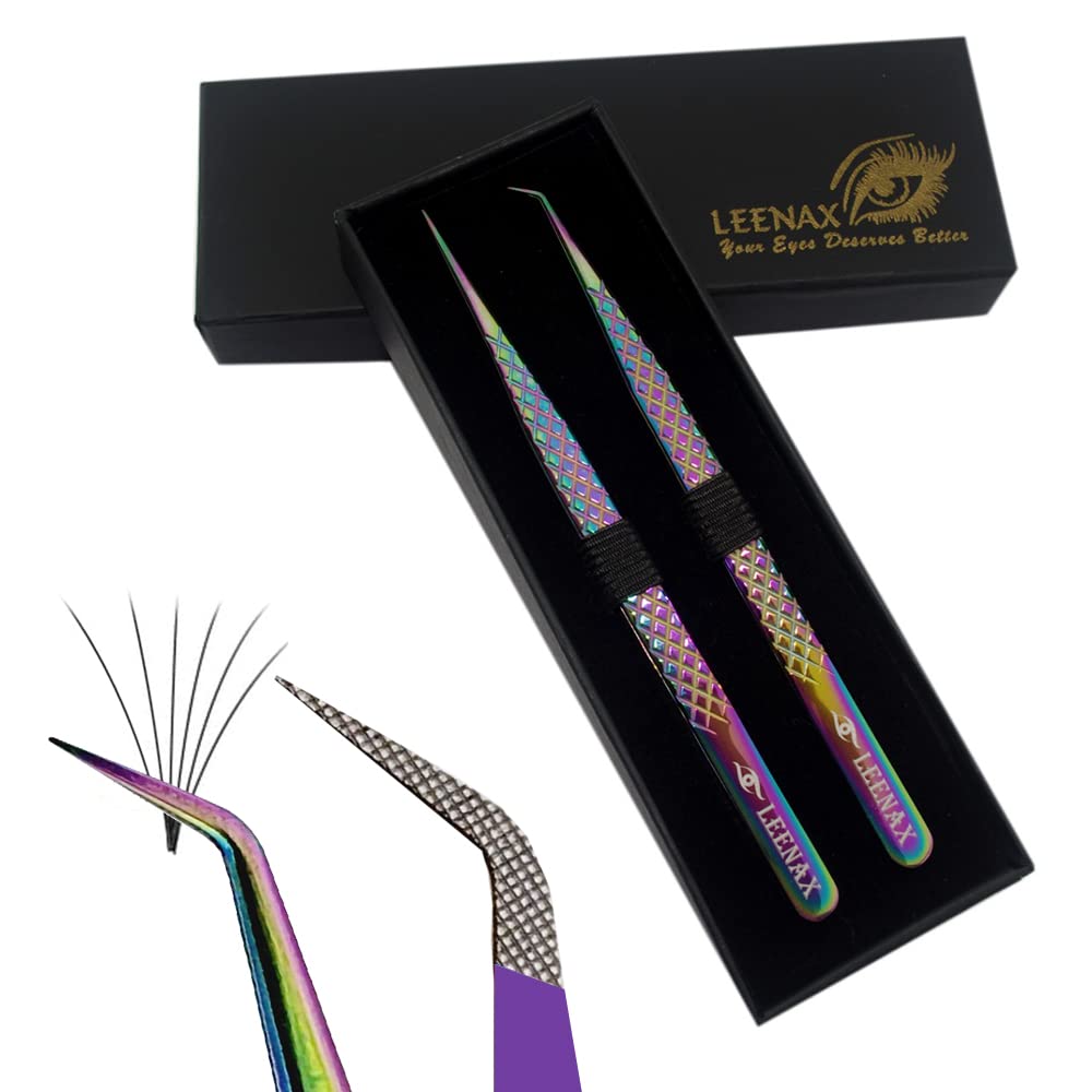 Eyelash Extension Tweezers Fiber Tip (Anti - Slip) Set Of 2 Pieces Straight & Curved With Diamond Grip, Rainbow Colour,14Cm, Vol