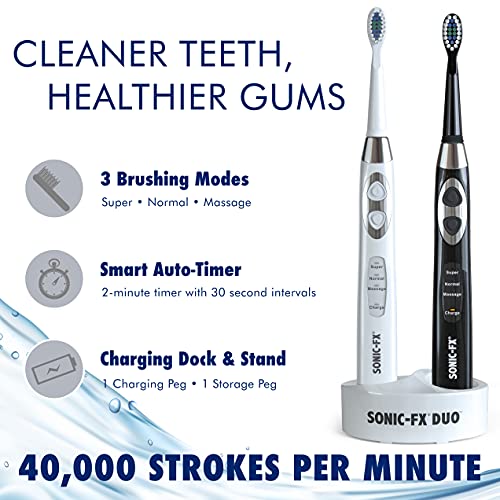 Duo Rechargeable Electric Toothbrush Set - with 14 Brush Heads, 3 Modes, Smart Auto-Timer, Charging Dock Holder - Dual Handle Electric Tooth Brush for Adults & Kids, Black and White