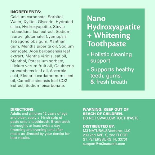 M3 Naturals Fluoride Free Nano Hydroxyapatite Toothpaste, Remineralizing & Whitening Formula for Sensitive Teeth, Promotes Healthy Gums and Fresh Breath, 4.23 OZ (120 G) 3 Pack