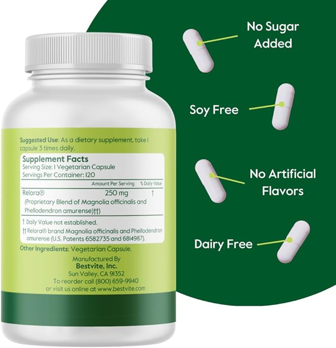 BESTVITE Relora 250mg (120 Vegetarian Capsules) - Clinically Researched -No Fillers - No Stearates - No Flow Agents - Vegan - Non GMO - Gluten Free
