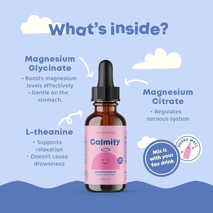 JoySpring Magnesium Citrate & Glycinate Liquid for Kids - Sugar Gluten Free Magnesium for Kids & Teens | L-Theanine & Chamomile Liquid Blend Supplement (1 fl oz) 30 Servings