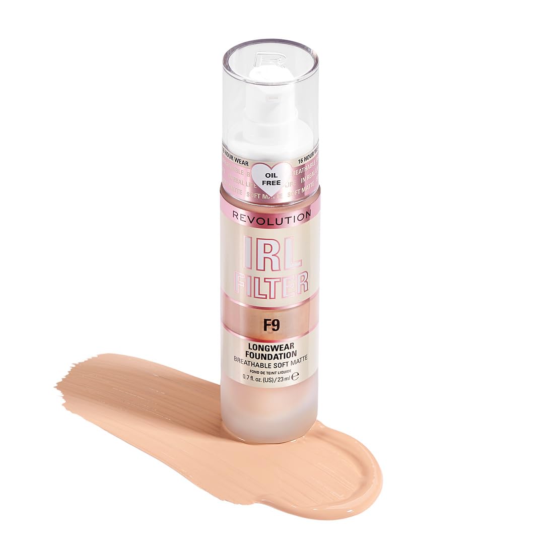 Revolution Beauty, Irl Filter Longwear Foundation, Soft & Breathable Formula, Medium To Full Coverage, Matte Finish, F9, 0.7 Fl.