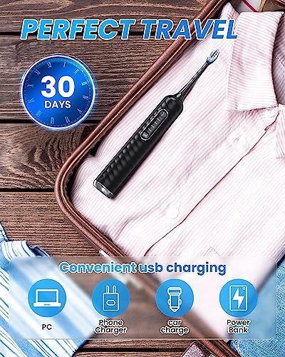 Electric Toothbrush with Water flosser, 3 in 1 Teeth Cleaning Kit with 7 Modes, Electric Toothbrush and flosser Combofor Adults, Water Flosser Portable for Travel and Home (Black)