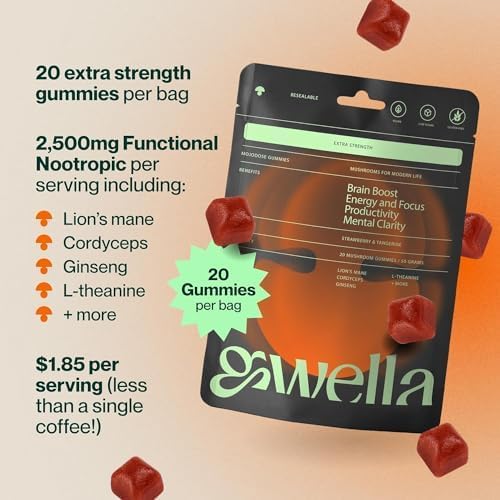 Gwella Focus Gummies with Lion’s Mane, Panax Ginseng, Ginger Root, Cordyceps, SAM-e, and Nootropics, Energy and Focus Supplement, Vegan, Strawberry Tangerine (20 Count - Pack of 2)