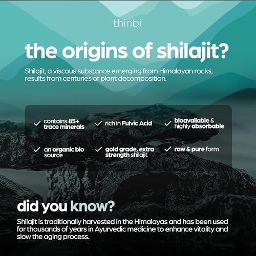 Thinbi Pure Himalayan Shilajit 10000mg Maximum Potency Organic Capsules 90 Count with Fulvic Acid & Trace Minerals for Enhanced Energy and Immune Support Men & Women Better Than Shilajit Resin