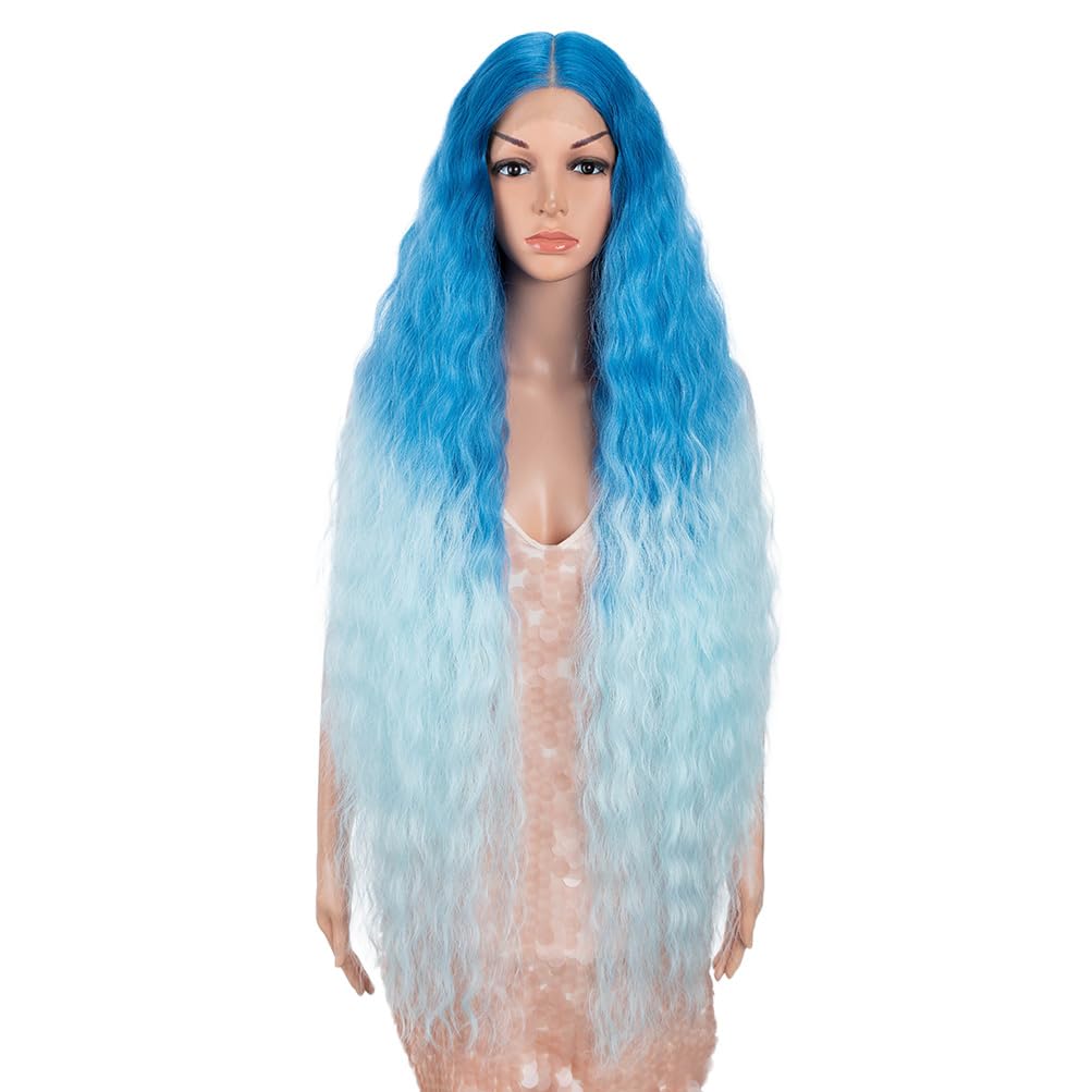 Style Icon 41'' Ombre Blue Lace Front Wigs Long Wavy Synthetic Wigs With Baby Hair Half Hand Tied 130% Density Wigs (41'', Gt Bl