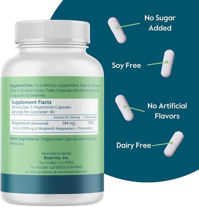 BESTVITE Magtein Magnesium L-Threonate Capsules - 2000mg per Serving (240 Vegetarian Capsules) (120 x 2)- Patented and Bioavailable Magnesium - No Stearates - Vegan - Non GMO - Gluten Free