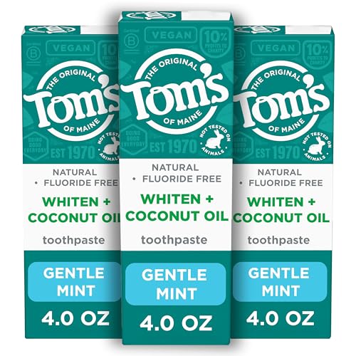 Tom's of Maine Whiten Plus Coconut Oil Fluoride Free Toothpaste, Natural Whitening Toothpaste with Plant-Based Cleansers, Whitens Without Causing Sensitivity, Gentle Mint, 4.0 Oz (Pack of 3)