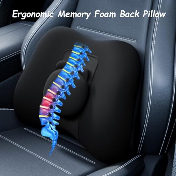 Car Lumbar Support and Neck Pillow for Driving Seat, Memory Foam Car Back Support Pillow & Headrest for Improve Posture, Driver Back Neck Sciatica Pain Relief Cushion (Black)