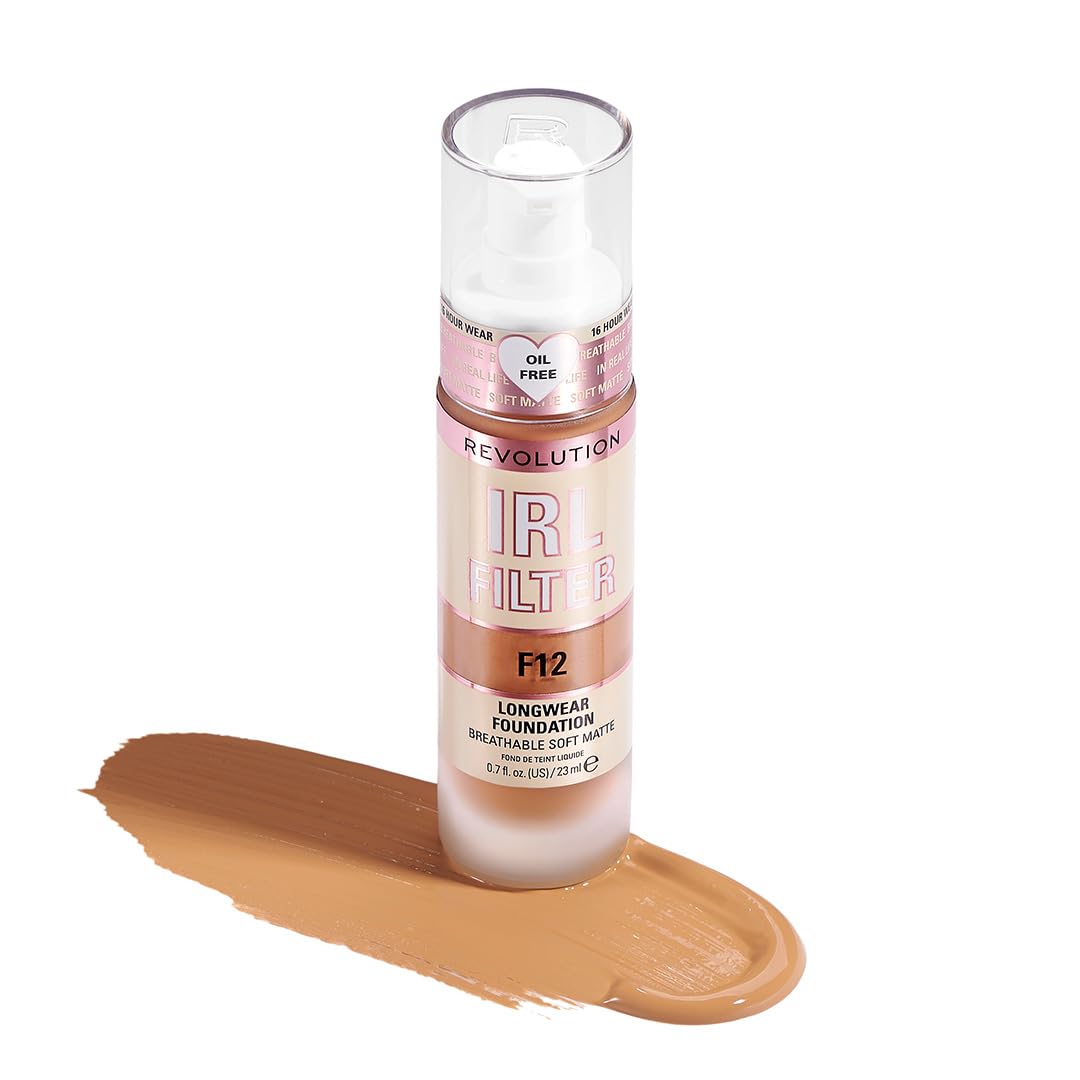 Revolution Beauty, Irl Filter Longwear Foundation, Soft & Breathable Formula, Medium To Full Coverage, Matte Finish, F12, 0.7 Fl