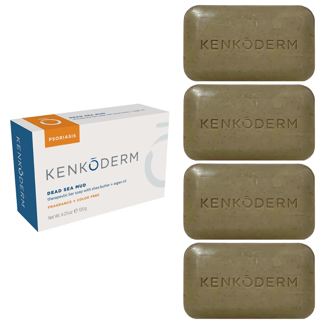 Kenkoderm Psoriasis Dead Sea Mud Soap With Argan Oil & Shea Butter, 4.25 Oz, 4 Bars, Dermatologist Developed Skin Care For Sooth