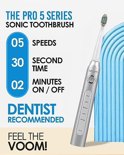 Voom Sonic Pro 5 Series Rechargeable Electronic Toothbrush, Dentist Recommended, Advanced Oral Care, 2 Minute Timer with Quadrant Pacing, 5 Adjustable Speeds, Soft Dupont Nylon Bristles, Silver
