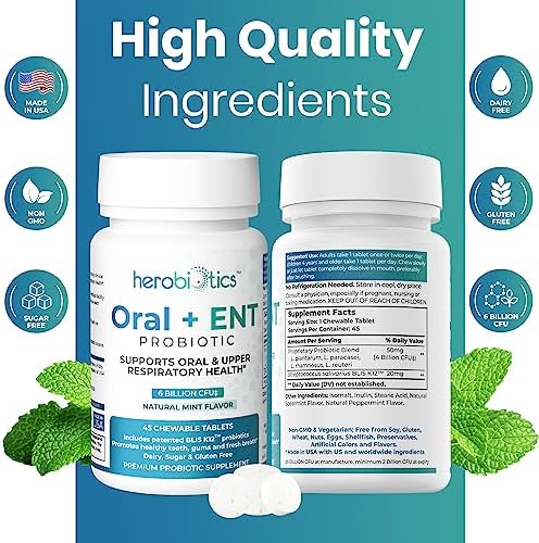 Oral Probiotics for Better Breath, Gingivitis, Strep Throat, Tonsil Stones, ENT - 6 Bn CFU Oral Probiotics with Lactobacillus Reuteri, L. Plantarum & BLIS K12-45 Chewable Tablets