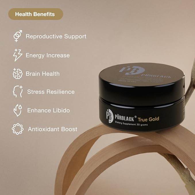 Pürblack® Live Resin True Gold Shilajit - Organic Shilajit Supplement with True Gold Content | Over 80 Minerals, High Bioavailability, Antioxidant Properties | Made in USA (60 Servings)