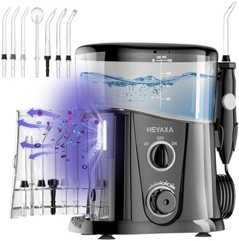 Water Dental Flosser for Teeth Cleaning with 1000ML Large Capacity and UV Storage, 10 Adjustable Pressure Electric Oral Irrigator with 7 Jet Tips, Gifts for Dental Health Seekers (Black)