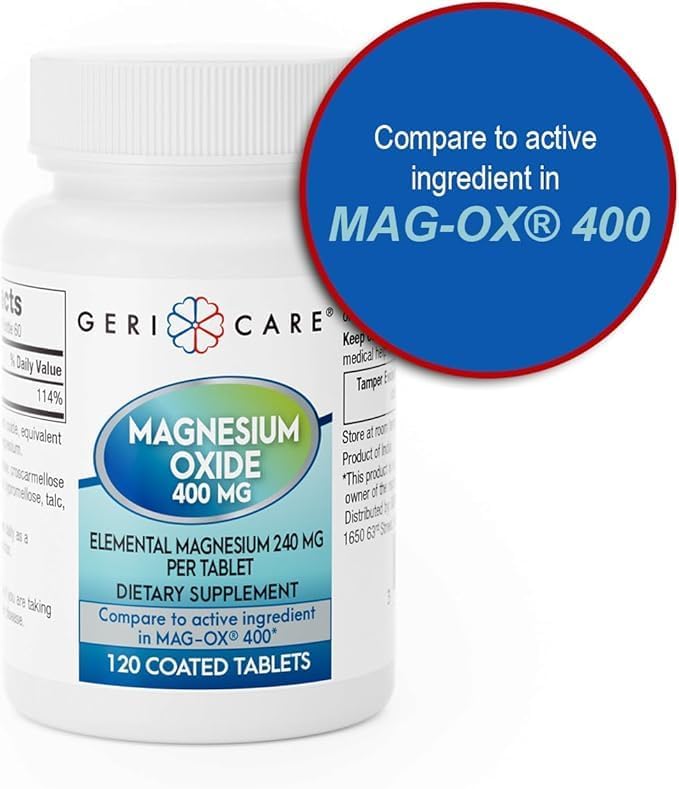GeriCare Magnesium Oxide Supplement 240 mg of Elemental Magnesium, 120 Tablets, Essential Mineral Support, Promotes Vascular Health, Bone Strength, and Muscle Function (Pack of 3)