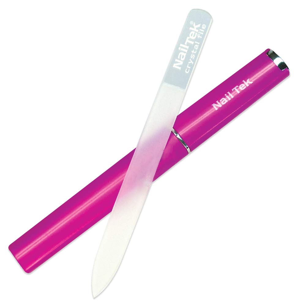 Nail Tek Crystal File Double-Sided with Fuchsia Companion Case, Medium File 5'', Professional Fingernail File for Manicure Pedic