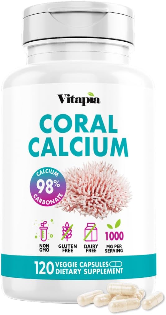 Coral Calcium Powder 1000mg Capsules for Overall Health, Bone Health, PH Level Balance, Trace Minerals Support - 120 Veggie Capsules - Non-GMO & Gluten-Free Supplement
