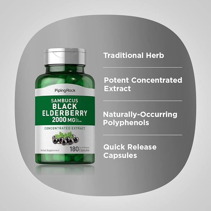Piping Rock Elderberry Capsules | 2000 mg | 180 Pills | Sambucus Herbal Extract Supplement | Concentrated Extract | Non-GMO, Gluten Free