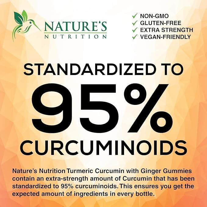Turmeric Gummies with Black Pepper & Ginger for Best Absorption, 95% Curcuminoids Tumeric Curcumin Gummy, Nature's Herbal Extract Joint Support Supplement, Vegan Non-GMO, Peach Flavor - 120 Gummies